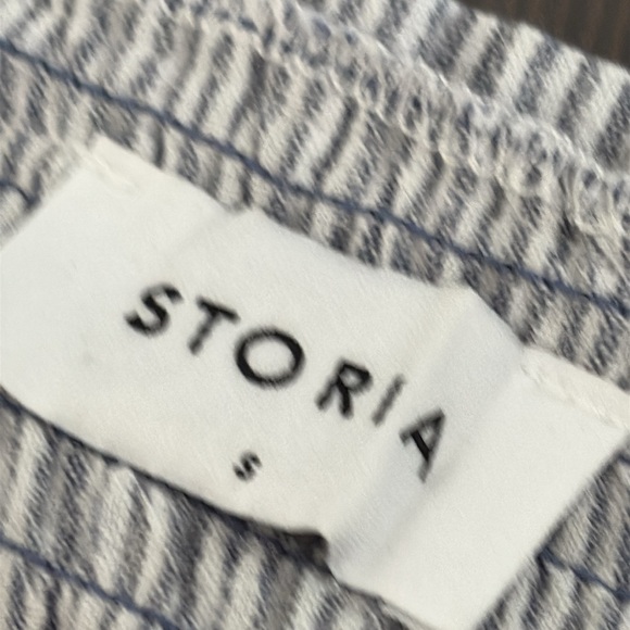 Storia Off The Shoulder Mini Dress Smocked Ruffle Cotton Linen Stripe Blue Sz S - Picture 9 of 10